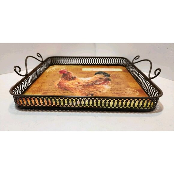 2 French Country Brown Metal Rooster Trays w/ Handles 12" Square 11" Square - Picture 5 of 12